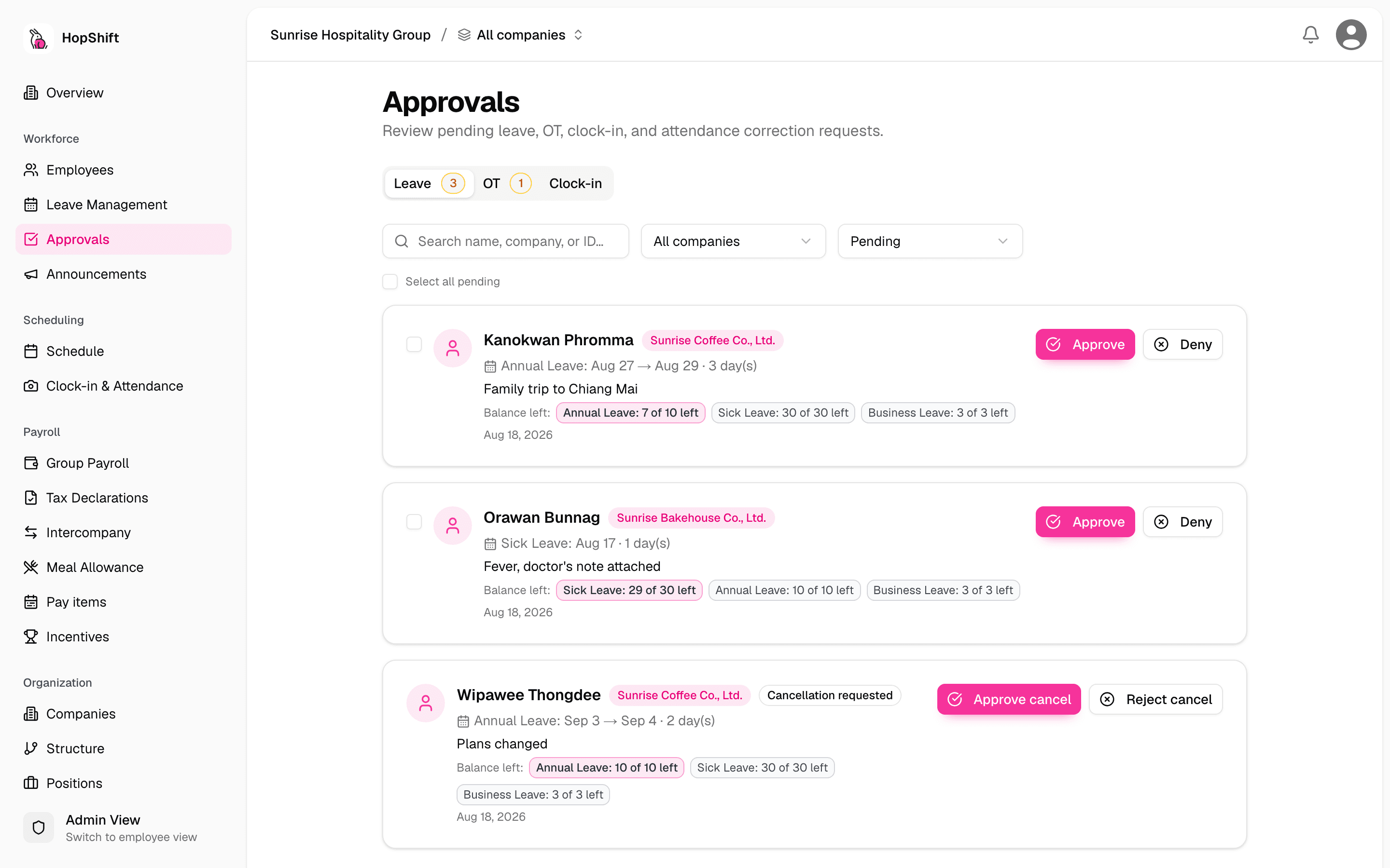Approvals, Leave tab: each pending request with the employee's balance left per leave type