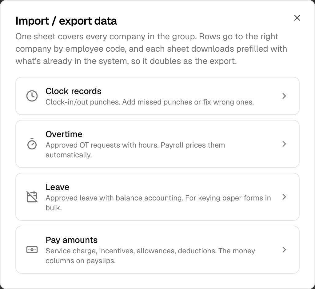 Import / export data dialog with the Pay amounts tile