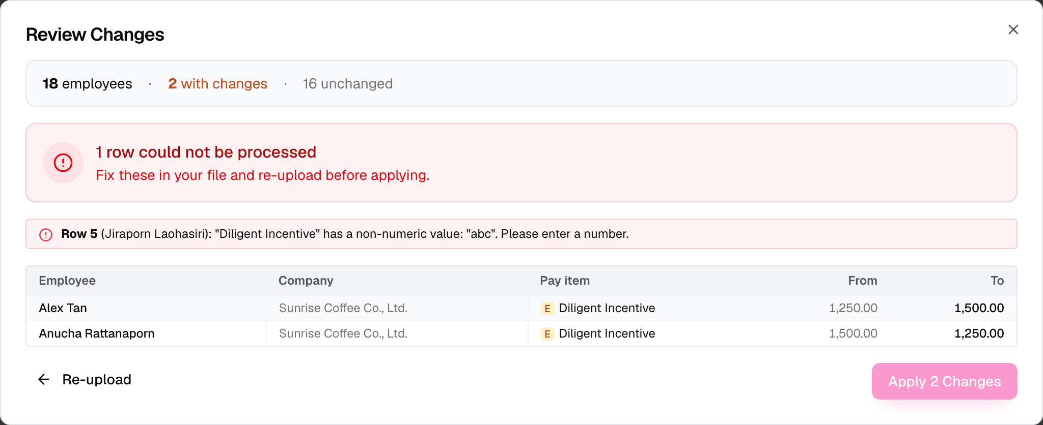 Review Changes step listing every change and every error before anything is written