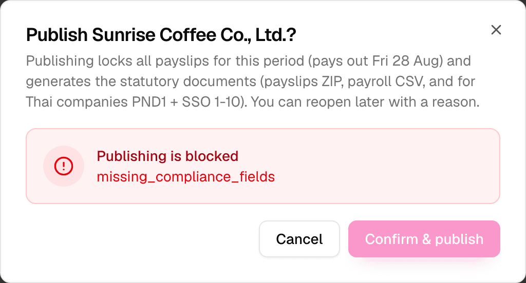 Publish dialog blocked: an employee is missing a National ID