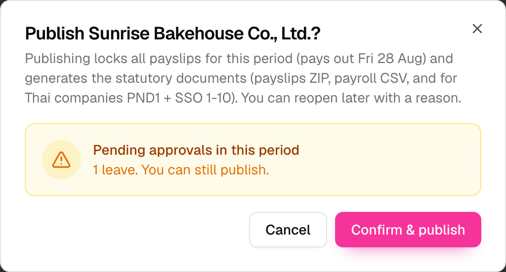Publish dialog for one company: pre-flight checks passed, Confirm & publish