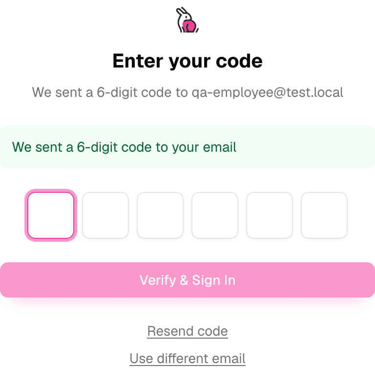 Login: passwordless 6-digit email code step
