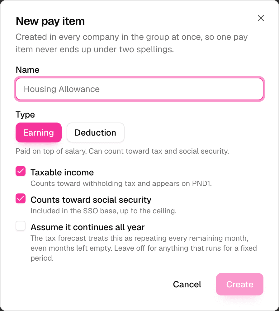 New pay item dialog with the Earning / Deduction toggle and the tax, SSO and forecast checkboxes