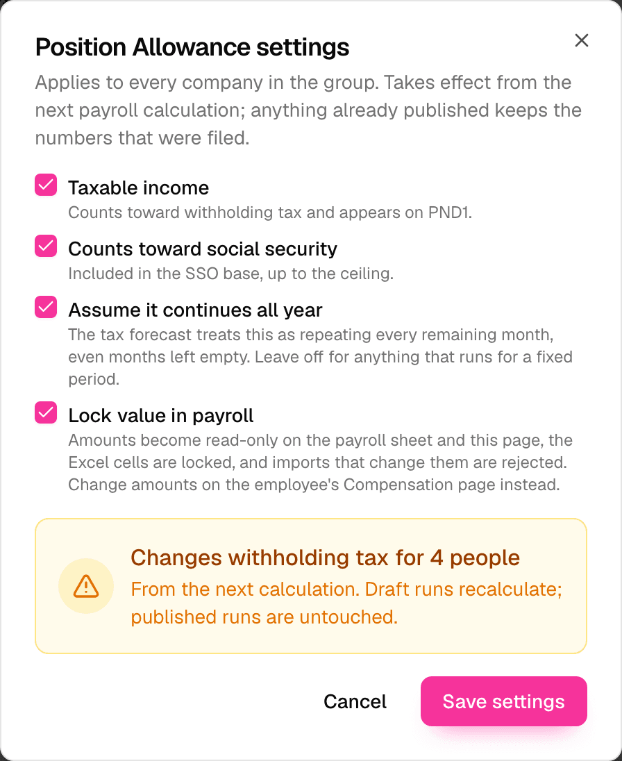Settings dialog for a pay item, including Lock value in payroll